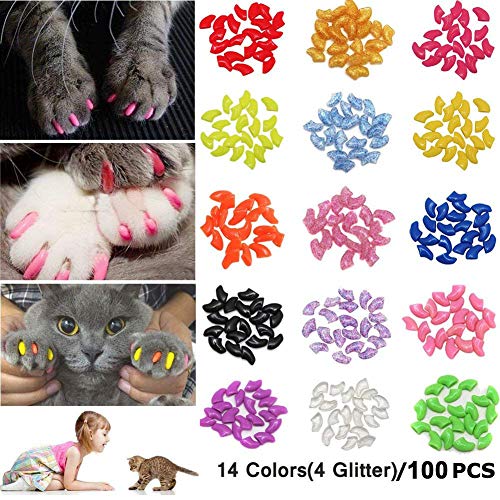 JOYJULY - Juego de 100 Tapas de Uñas para Gato con Diseño de Gato (Incluye 5 Adhesivos + 3 aplicadores con Instrucciones (Idioma español no garantizado)