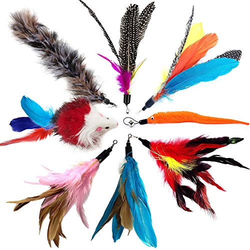 Juguete de varita con plumas retráctil, para gatos, interactivo, con 8 repuestos de plumas, pájaros y ratones, de OneBarleycorn