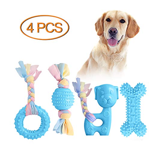 JYPS Puppy Chew Toys, 4pcs Juego de Juguete para la dentición del Perro con Bolas y Cuerdas de algodón Regalo Interactivo de Juguetes para Mascotas para Cachorros pequeños y Perros medianos (Azul)