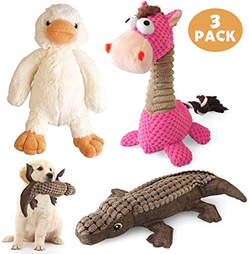 KONKY Juguetes para Perros - 3 Piezas Squeaky Toy Juguetes Duraderos para Cachorros Perro Pequeño Mediano, Chirriante Masticar Juguete de Entrenamiento, Pato, Caballo y Cocodrilo