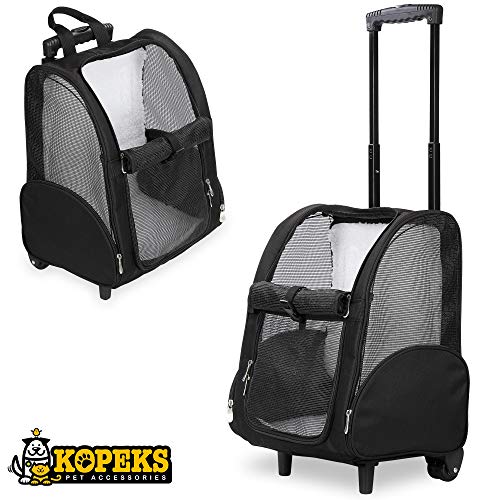 KOPEKS Mochila de Viaje con Ruedas para Perros, Gatos, Mascotas - Portador de Viaje Transporte Perros - Negro