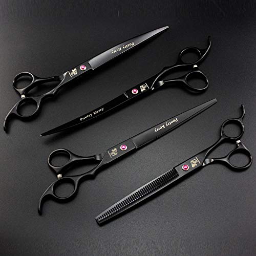 Mascota Set de tijeras de aseo, Kit profesional de 4 pares de recortadores de mascotas Cuidado del cabello para perros con 8.0 pulgadas Cortar tijeras rectas Cizalla de adelgazamiento Tijeras Curvas