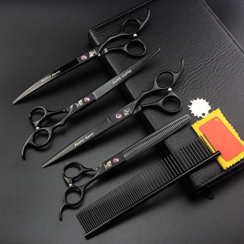 Mascota Set de tijeras de aseo, Kit profesional de 4 pares de recortadores de mascotas Cuidado del cabello para perros con 8.0 pulgadas Cortar tijeras rectas Cizalla de adelgazamiento Tijeras Curvas