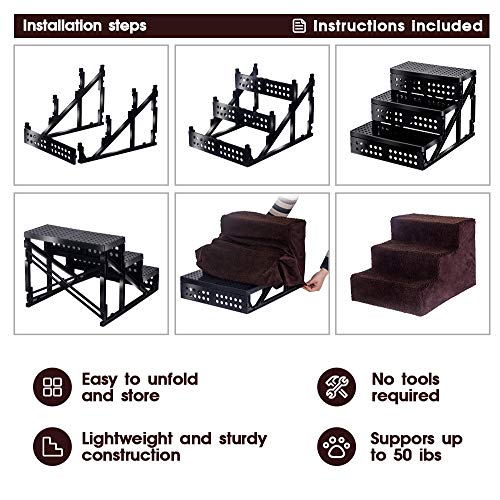 Masthome Escaleras para Perros de 3 Pasos,Rampa para Perro,Escalera de Cama para Gatos,Mascotas,Pequeño Animales,Con 6 Fondo antideslizante y un Guantes para mascotas y un juguete de cuerda para perro