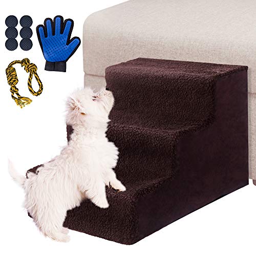 Masthome Escaleras para Perros de 3 Pasos,Rampa para Perro,Escalera de Cama para Gatos,Mascotas,Pequeño Animales,Con 6 Fondo antideslizante y un Guantes para mascotas y un juguete de cuerda para perro