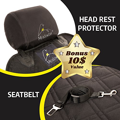 Meadowlark® Funda Asiento Coche Perro ¡Cubierta Impermeable de Primera Calidad para Mascotas, Protector de Asiento Delantero Integral. Talla Universal. Bonus: Cinturón de Seguridad+Funda Reposacabeza