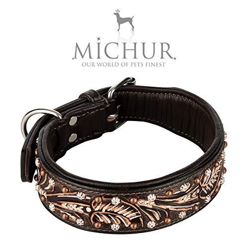 MICHUR Joris Collar de Perro de Cuero, Collar de Perro de Cuero, Collar, Cuoio, Marrón Oscuro con Remaches y guijarros Redondos, Disponible en Varios tamaños, Collar Cuero