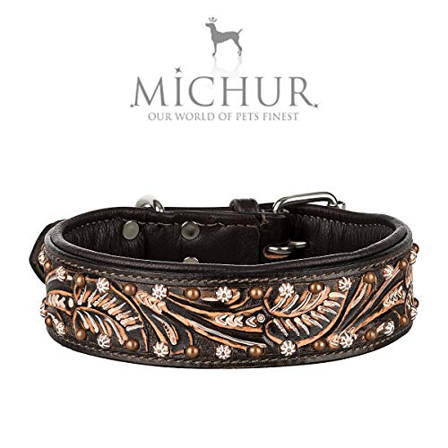 MICHUR Joris Collar de Perro de Cuero, Collar de Perro de Cuero, Collar, Cuoio, Marrón Oscuro con Remaches y guijarros Redondos, Disponible en Varios tamaños, Collar Cuero