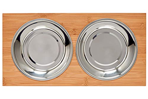 Migosset Comedero para Mascotas - Soporte Elevado de Bambu para Perros Medianos y Grandes - Alimentador de Madera - 4 Tazones de Acero Inoxidable: 4X 1650 ml – 44x 23 x 18 - Mediano