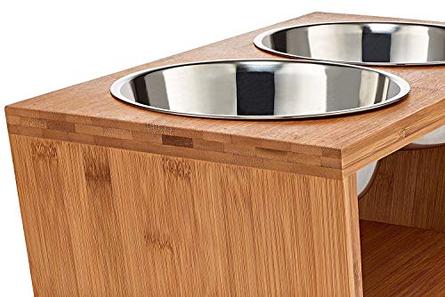 Migosset Comedero para Mascotas - Soporte Elevado de Bambu para Perros Medianos y Grandes - Alimentador de Madera - 4 Tazones de Acero Inoxidable: 4X 1650 ml – 44x 23 x 18 - Mediano