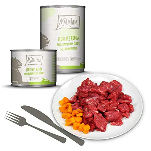 MjAMjAM - Pienso acuoso para Gatos - Deliciosa Ternera con Calabaza al Vapor e hígados de Pollo - Sin Cereales - 6 x 200 g