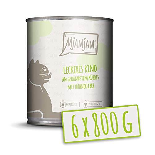 MjAMjAM - Pienso acuoso para Gatos - Deliciosa Ternera con Calabaza al Vapor e hígados de Pollo - Sin Cereales - 6 x 800 g