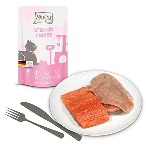 MjAMjAM - Pienso acuoso para Gatos - Jugoso Pollo y salmón Salvaje - Sin Cereales - Pouch 12 x 125 g