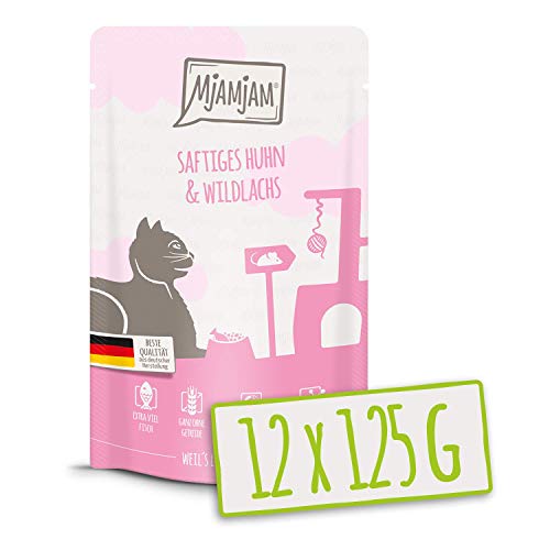 MjAMjAM - Pienso acuoso para Gatos - Jugoso Pollo y salmón Salvaje - Sin Cereales - Pouch 12 x 125 g