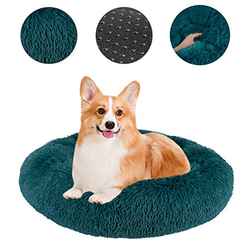 Nasjac Cama calmante para Mascotas, Nido de Mimbre para Donuts Cojín de Felpa Suave y cálido para Perros con Esponja acogedora Parte Inferior Antideslizante para Mascotas (L(70Cm), Verde Oscuro)