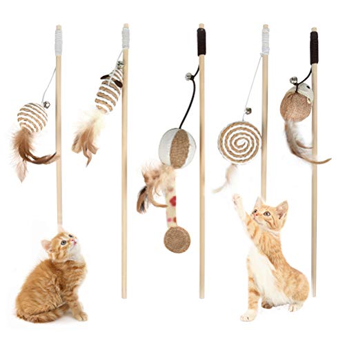 OFNMY 5pcs Juguetes para Gatos con Plumas Diferentes Estilos Interactivo Varita de Vara Caña de Juegos