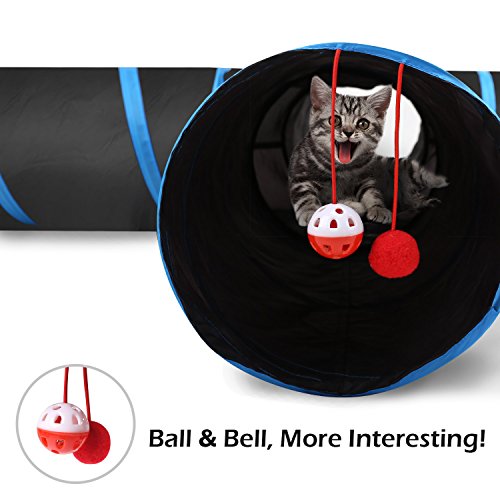 Pawaboo Túnel para Gatos, Prima 4 Vías Túneles Extensible Plegable Gato Jugar Túnel Casa del Laberinto del Juguete con Pompón y Campanas para Gato Gatito Cachorro Conejo, Negro y Azul