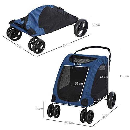 Pawhut Cochecito para Mascotas Carrito para Perro Gatos Plegable 4 Ventanas Transporables Buena Ventilación Puerta Grande Cojín Extraíble 98x82x110 cm Azul