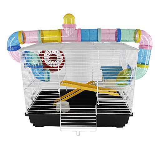 PawHut - Jaula para Hamster, Casa para Ratoncillos Roedores, Animal Pequeño con Escalera, Pista, Molino de Viento, Accesorios Incluidos, 62x29x52cm