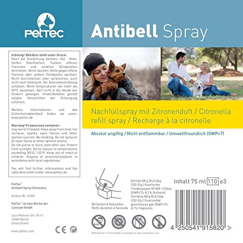 PetTec Collar de Perro con Spray Automático Entrenador Anti Ladridos, de Entrenamiento Inmediato e Inofensivo, Seguro para Perros y Personas + 2 Latas de Repuesto y Pilas Incluidas (Citronela)