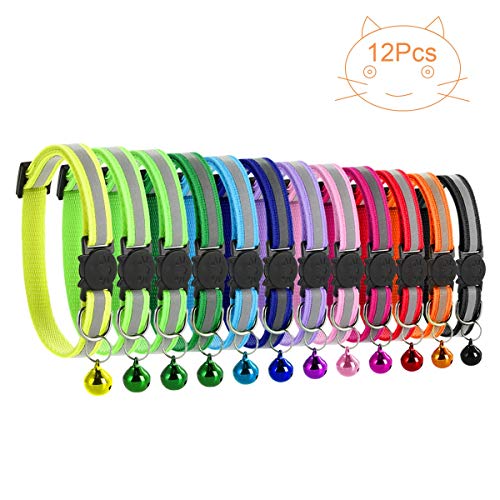 Petyoung 12 Pack Collares Reflectantes para Gatos Hebilla de liberación rápida de Seguridad con Campana- Gato de Mascotas Gatito Ajustable 19-32cm