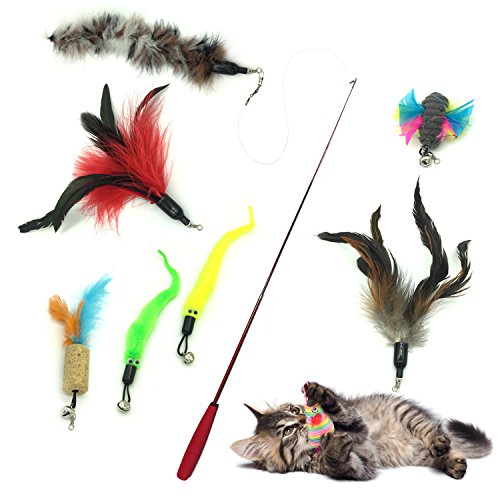 PietyPet Gato Rectificable Toy Wand, Recargas múltiples Gato Pluma Juguete Interactivo Gato Varita Rematador y ejercitador con Gato y Gatito Kitty, 8 Piezas