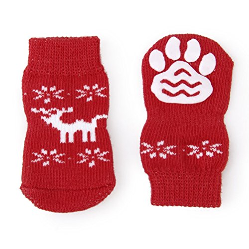 POPETPOP Medias de Navidad para Animales Reno Calcetines Perro Cachorro Gato Calcetines con Huellas de Pata 4pcs - tamaño L (Rojo)