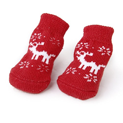 POPETPOP Medias de Navidad para Animales Reno Calcetines Perro Cachorro Gato Calcetines con Huellas de Pata 4pcs - tamaño L (Rojo)