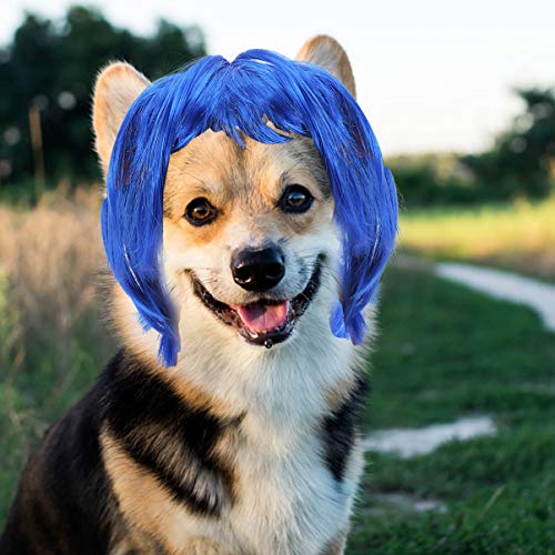 POPETPOP Peluca para Mascotas Perro Gato Disfraces de Pelo Peluca de Pelo Corto para Perros Gatos Accesorios de Fiesta de Cosplay de Halloween para Perros Gatos (Azul)