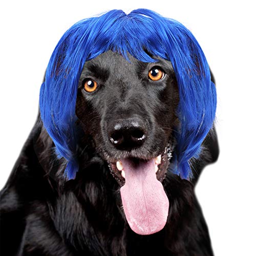 POPETPOP Peluca para Mascotas Perro Gato Disfraces de Pelo Peluca de Pelo Corto para Perros Gatos Accesorios de Fiesta de Cosplay de Halloween para Perros Gatos (Azul)