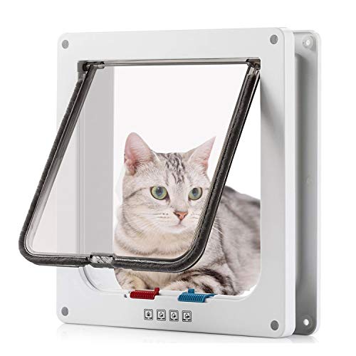 Pujuas - Puerta para Gato con Cierre magnético de 4 vías, Puerta para Mascotas para Gatos y Perros pequeños, Puerta para Gatos con túnel (L, Blanco)