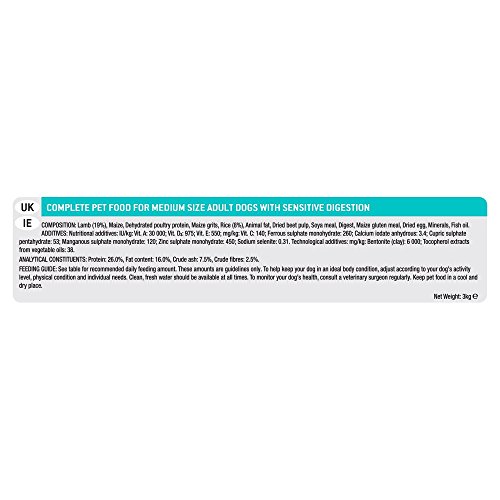 Purina Pro Plan Comida Seco para Perro Adulto Mediano con Digestión Sensible con Optidigest, Sabor Cordero - 3 Kg