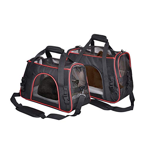 Queta Transportín Perro Gato, Bolsa de Transporte para Mascotas Plegable Transpirable con Correas Flexibles Tazón Portátil Colchón Suave, 41 x 27 x 20cm Negro (Máximo 7kg)