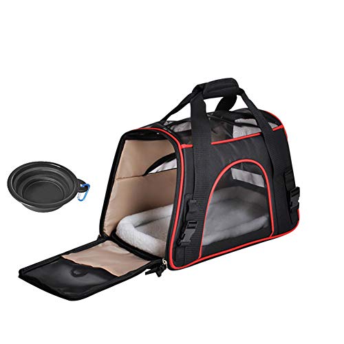 Queta Transportín Perro Gato, Bolsa de Transporte para Mascotas Plegable Transpirable con Correas Flexibles Tazón Portátil Colchón Suave, 41 x 27 x 20cm Negro (Máximo 7kg)