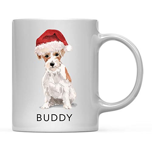 Rael Esthe Taza de café Personalizada para Perro, Jack Russell con Pelo de Alambre y Gorro de Papá Noel, Paquete de 1, Nombre Personalizado, Mascota, Perro, mamá, Familia