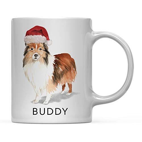 Rael Esthe Taza de café Personalizada para Perro, Perro Pastor de Shetland con Gorro de Papá Noel, Paquete de 1, Nombre Personalizado, Mascota, Perro, mamá, Familia