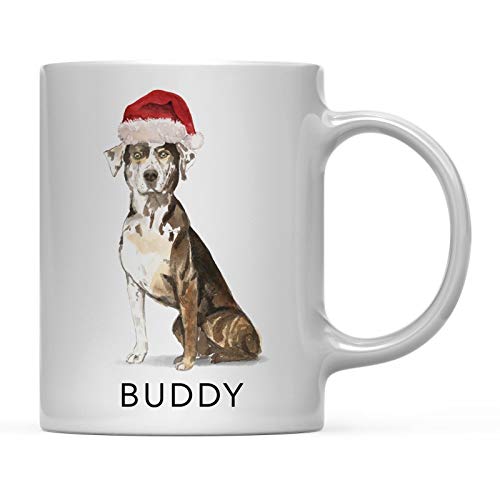 Rael Esthe Taza de café Personalizada para Perro, Regalo, Perro de Leopardo Catahoula con Gorro de Papá Noel, Paquete de 1, Nombre Personalizado, Mascotas, para él, su Perro, mamá, Familia