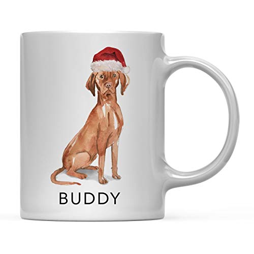 Rael Esthe Taza de café Personalizada para Perro, Regalo, Vizsla húngaro con Gorro de Papá Noel, Paquete de 1, Nombre Personalizado, Mascota, Perro, mamá, Familia