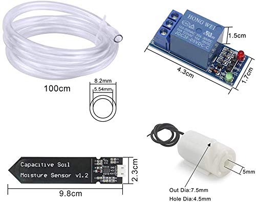 RUNCCI-YUN Sistema de Riego Automático DIY Kit para Arduino, 1 Canal 5V Relé Módulo + Sensor de Humedad del Suelo + Mini Bomba de Agua DC 3V 5V + 1M Tubería de Agua de PVC para Jardín Plantas Flor