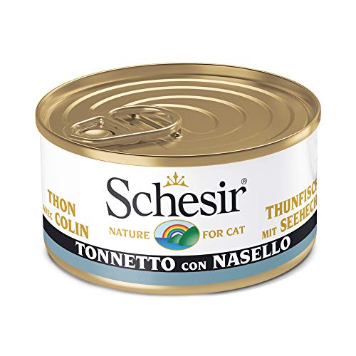 Schesir, Comida húmeda para Gatos Adultos, Sabor bacoreta con pescadilla en gelatina Blanda - Total 2 kg (24 latas monodosis x 85 gr)