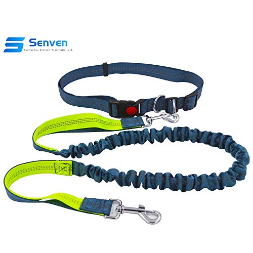 Senven® Correa para Perros Manos Libres con Costuras Reflectantes, Cinturones de Cintura Ajustables y Correas Elásticas de Doble Manija, para Correr, Caminar, Trotar (Gris Verde)