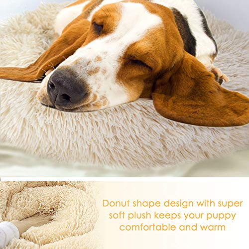 SlowTon Pet Calming Bed, Donut Cuddler Nest Cojín de Gato de Felpa Suave y cálido para Gatos con Esponja acogedora Fondo Antideslizante ， Lavable a máquina 15.7in / 19.7in / 23.6in (XL (80CM), Caqui)