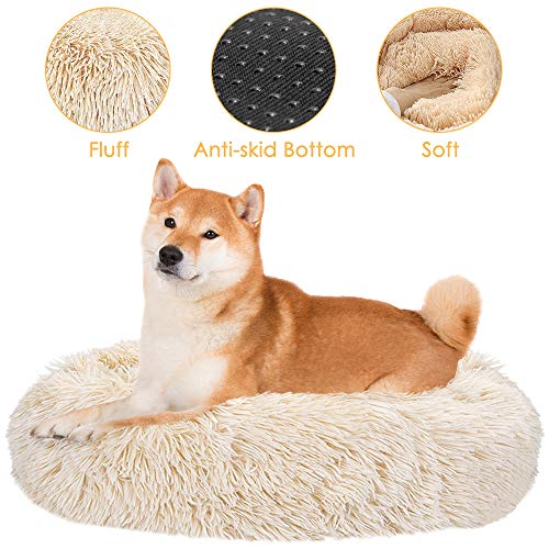 SlowTon Pet Calming Bed, Donut Cuddler Nest Cojín de Gato de Felpa Suave y cálido para Gatos con Esponja acogedora Fondo Antideslizante ， Lavable a máquina 15.7in / 19.7in / 23.6in (XL (80CM), Caqui)