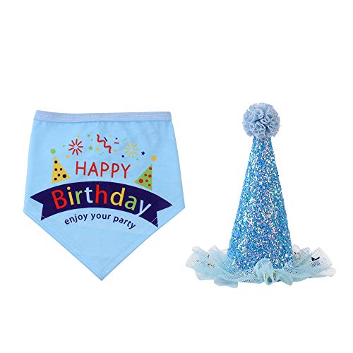 Sombrero de Cumpleaños Para Perros,Triángulo de Pañuelo de Cumpleaños para Perros,Set de Cumpleaños para Mascotas,Bufanda de Pañuelo Triangular para Fiesta Conjunto y Decoración de Cumpleaños(Azul)