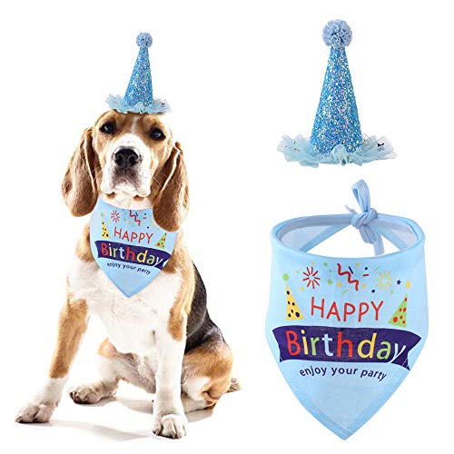 Sombrero de Cumpleaños Para Perros,Triángulo de Pañuelo de Cumpleaños para Perros,Set de Cumpleaños para Mascotas,Bufanda de Pañuelo Triangular para Fiesta Conjunto y Decoración de Cumpleaños(Azul)