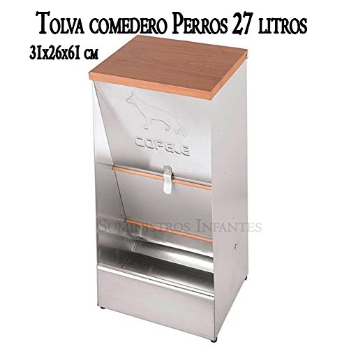 Suministros Infantes Comedero para Perros y Gatos en Chapa Galvanizada con Tapa de Madera. Medidas 31x26x61 cm (Frente, Fondo, Alto). Capacidad 27 litros