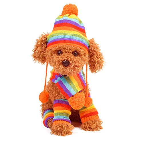 Syuantech Mascota Perro Sombrero Bufanda Calentador de Piernas Cachorro Invierno Conjunto de Disfraces de Punto Rayado Arco Iris Hilo de Lana Mascota Ropa para Perros Gorro Círculo Cuello