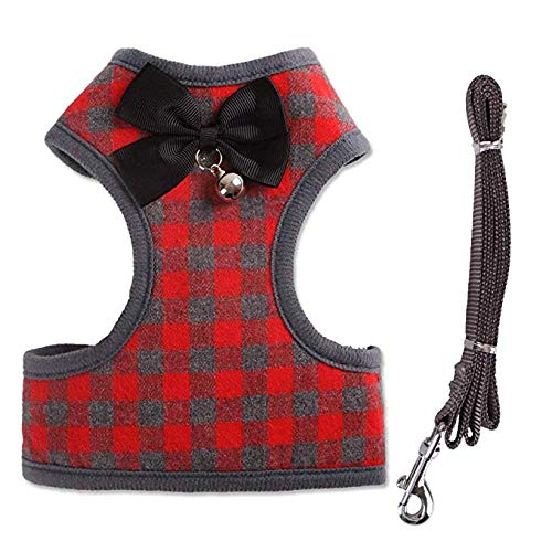 Tineer Pet Dog Plaid Bow Tie arnés Chaleco con Correa de Nylon para Cachorro de Gato Caminando o entrenando (M, Rojo)