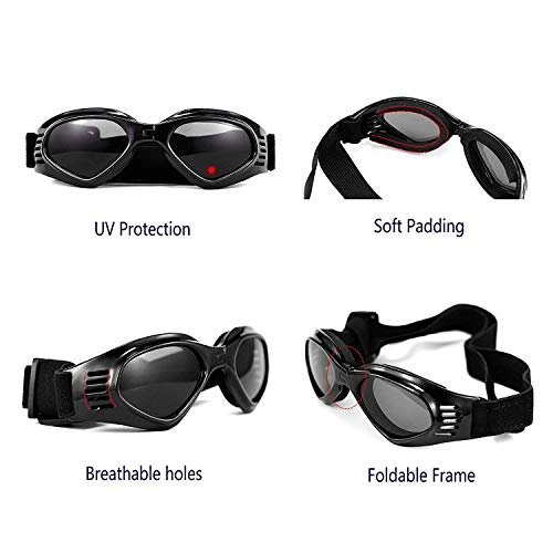 XUNKE Gafas de Sol para Perros, Perro Gafas para Perros pequeños y medianos Impermeable Plegable Protector Ocular Protección UV Antivaho (Black)