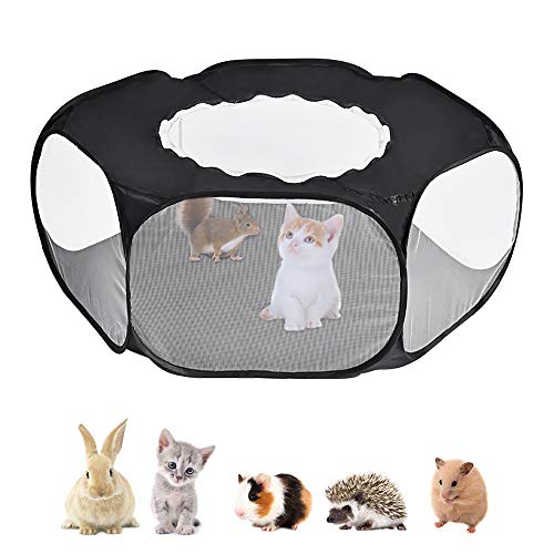 Zona de juegos para animales pequeños, Tienda de jaula para mascotas transparente y transpirable Ventana abierta para hacer ejercicio al aire libre / interior, Cerca plegable para exteriores (Negro)